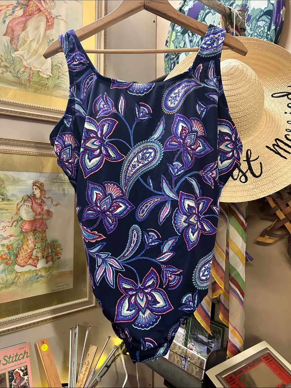 Lands’ End Navy Floral Paisley One-Piece Swimsuit Like New